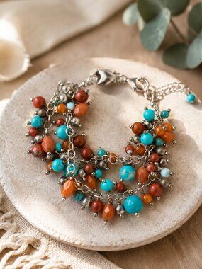 Sterling Silver Turquoise Carnelian Red Jasper Gemstone Charm Bracelet 925